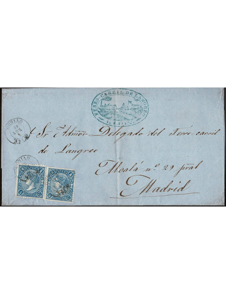 1865 (9 NOV) Gijón a Madrid. 4 cuartos azul, dos ejemplares mat. fechador que se repite en el frente y marca administrativa del 
