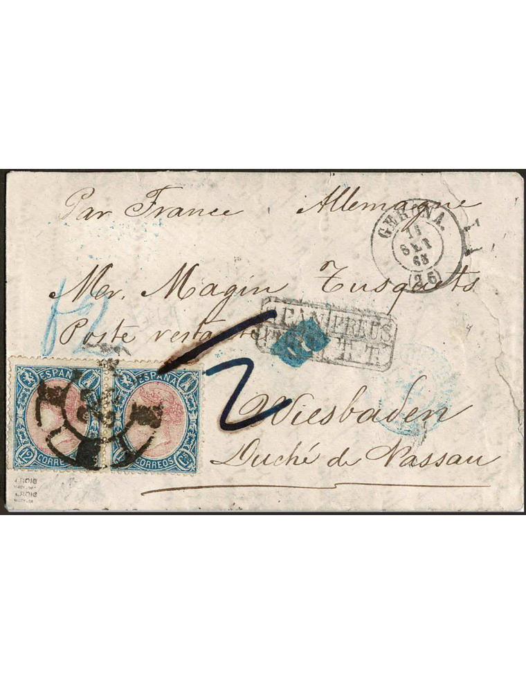 1865 (15 SET) Girona a Wiesbaden. 12 cuartos azul y rosa, pareja horizontal mat. RC”26” en negro de Girona. En el frente el fech