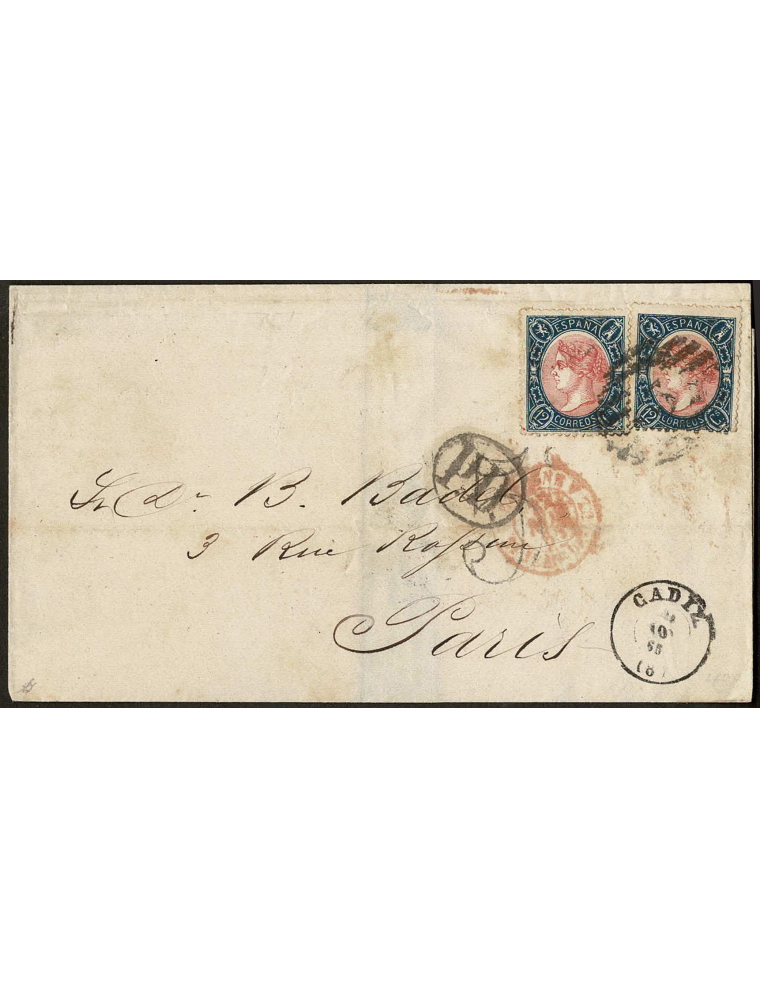 1865 (23 NOV) Cádiz a Paris. 12 cuartos azul y rosa, dos ejemplares mat. PC”3” en negro de Cádiz. En el frente fechador, marca “