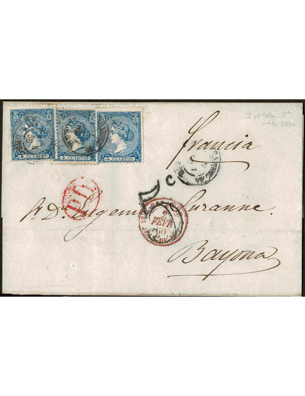1866 (2 FEB) Santander a Bayona (Francia). 4 cuartos azul, tres ejemplares para cubrir un porte sencillo de 12 cuartos a Francia