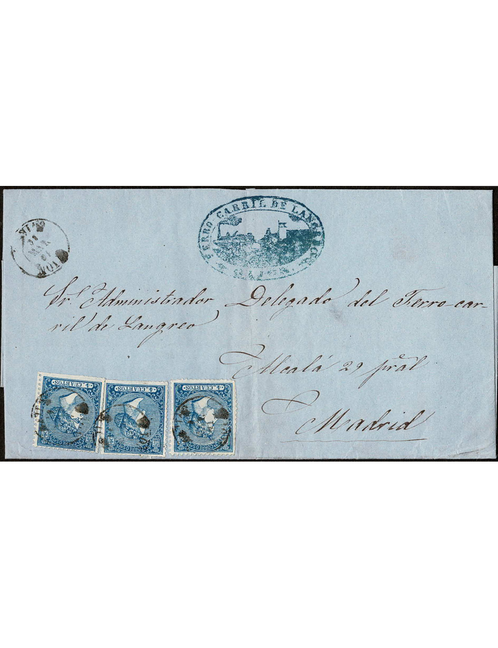 1866 (9 MAR) Gijón a Madrid. 4 cuartos azul, tres ejemplares mat. fechador en negro de Gijón que se repite en el frente y marca 