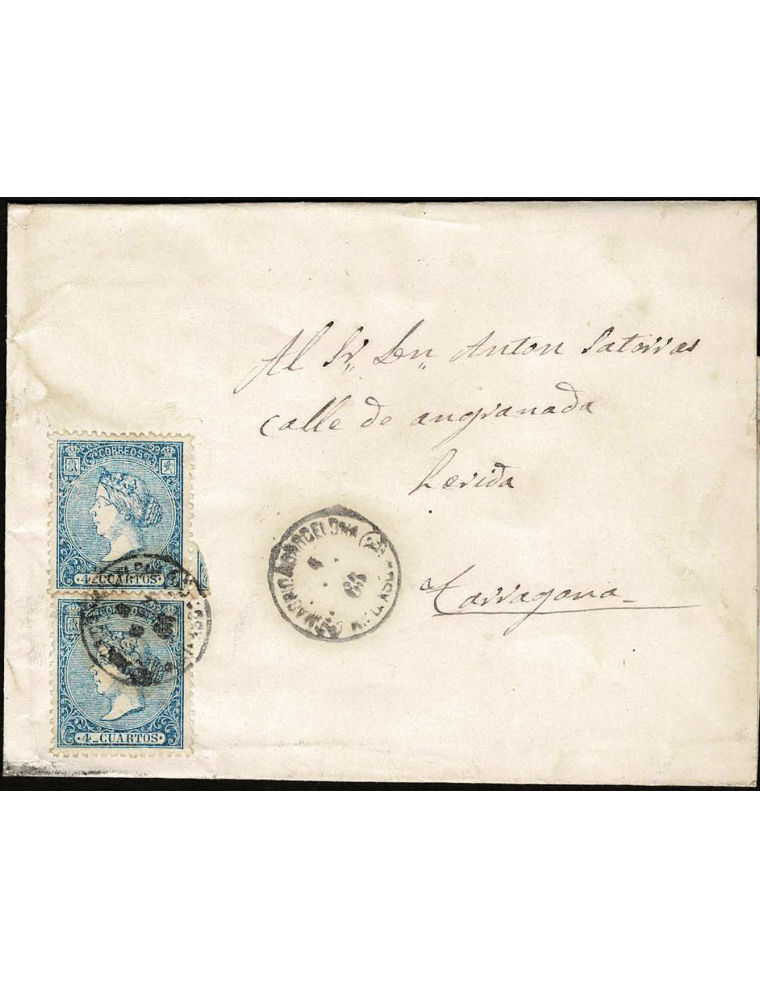1866 (4 MAY) a Tarragona. 4 cuartos azul, dos ejemplares mat. fechador ambulante “DE MADRID A BARCELONA (2A) / 4 MAY 66 / (E) AM