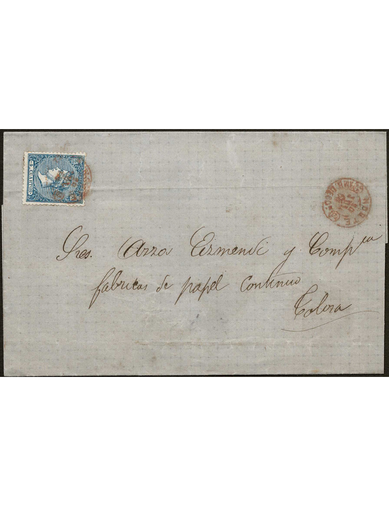 1866 (21 JUL) Vilafranca a Tolosa. 4 cuartos azul mat. fechador ambulante “NORTE(2A) / 21 JUL 65 / (E) AMB. DESCTE*” en rojo que