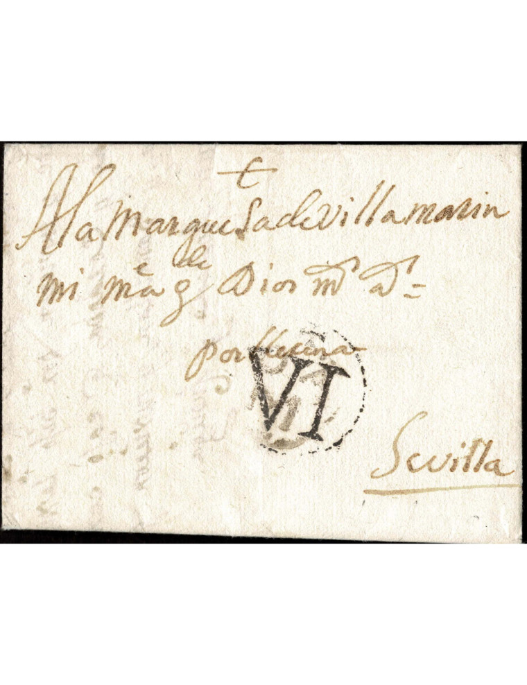1750 circa. Mérida a Sevilla. Sobrescrito sin fecha pero que se puede datar entre 1745 y 1757 por la marca de Mérida en el frent
