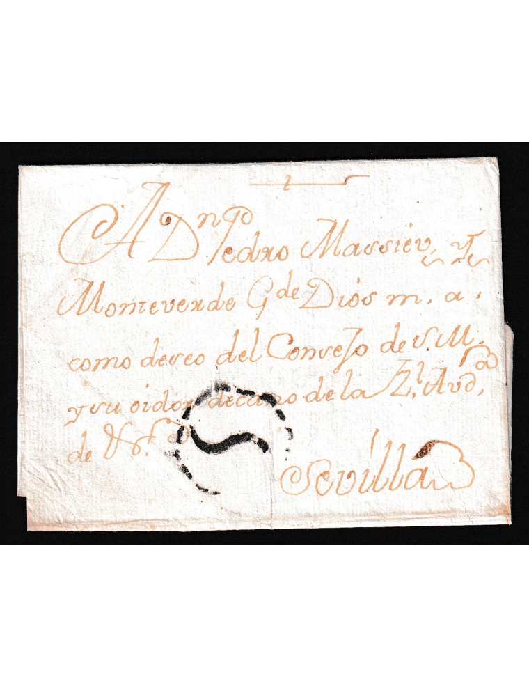 1750 (17 NOV) Madrid a Sevilla. Cifra de porteo “5” en circulo discontinuo y uno de los más antiguos datados de España. Plegado 
