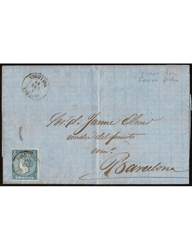 1867 (1 ENE) Alcudia a Barcelona. 4 cuartos azul mat. Fechador en negro de Alcudia que se repite en el frente. Al tratarse del 1