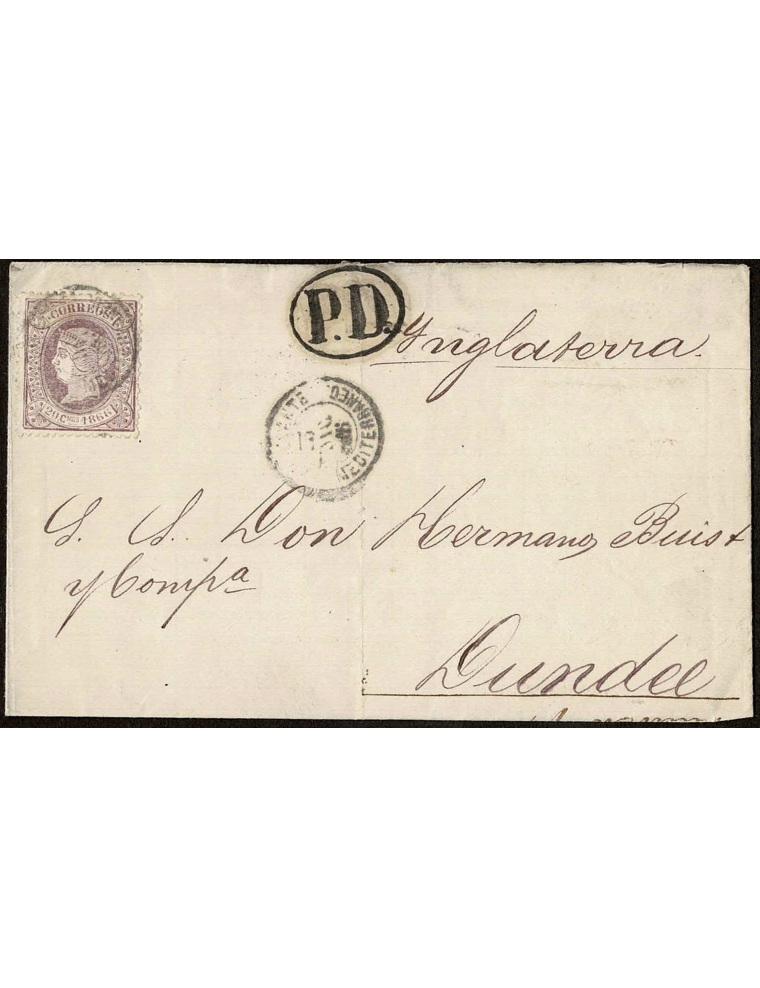 1866 (3 DIC) Játiva a Dundee (inglaterra). 20 cts. de escudo violeta mat. fechador del “AMBULANTE Mediterráneo” que se repite en