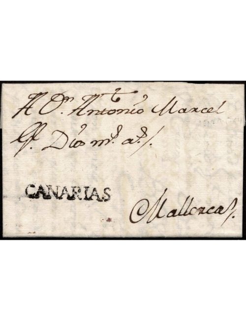 1764 ( 9 ENE) Santa Cruz de Tenerife a Palma de Mallorca. Marca “CANARIAS” (nº1) lineal en negro estampada en origen. Sin menció