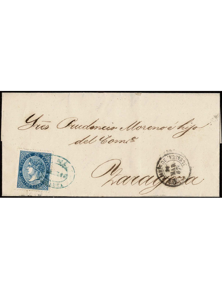 1867 (26MAR) Peralta a Zaragoza. 4 cuartos azul mat. cartería de Peralta en azul. En el frente fechador ambulante “ZARAGOZA A AL