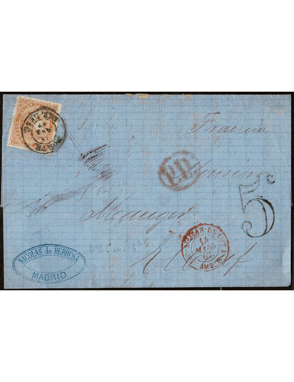 1867 (14 MAR) Madrid a París. 12 cuartos naranja mat. fechador ambulante “NORTE / 13 MAR 69 / AMB. DESC.”, Marca “P.D.” de Madri