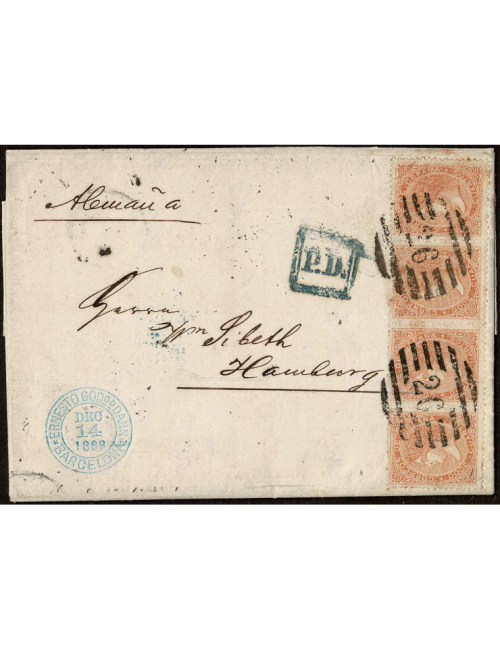 1868 (14 DIC) Barcelona a Hamburgo (Alemania). 12 cuartos naranja, tira horizontal de 4 ejemplares mat. PC”26” en negro de Giron