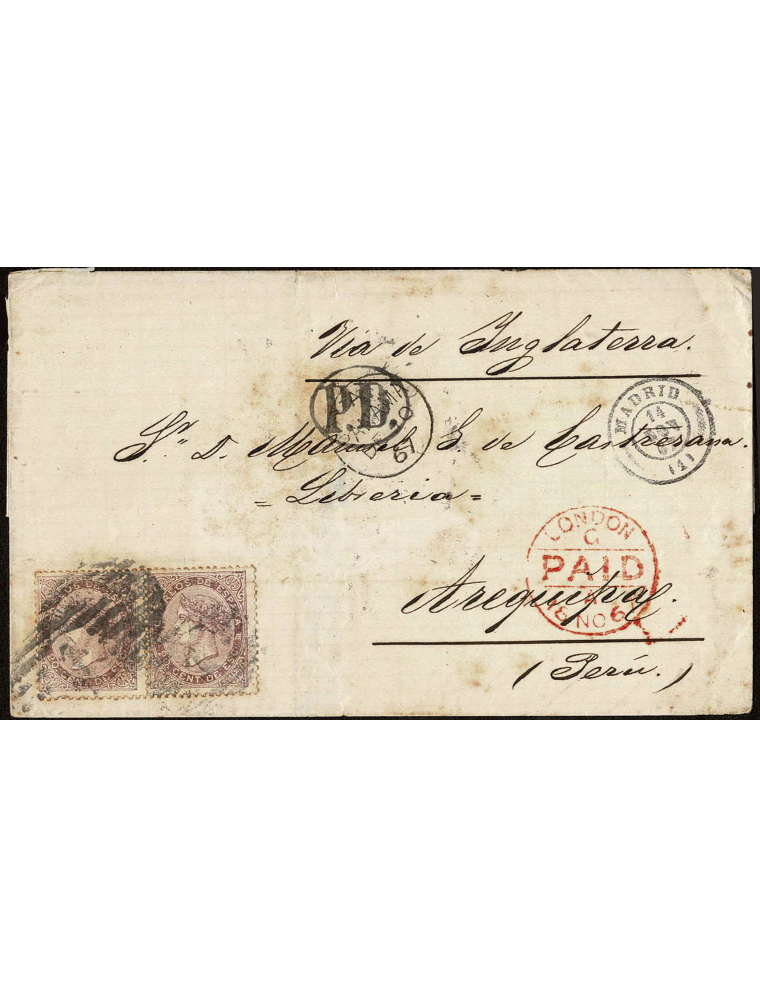 1867 (14 NOV) Madrid a Arequipa. 20 cts. de escudo violeta, pareja mat. PC”1” y en el frente fechador, ambas en negro de Madrid 