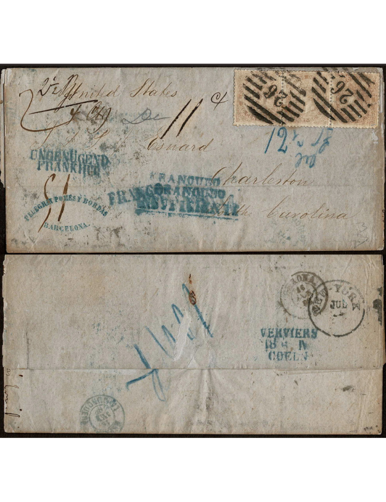 1868 (16 JUN) Barcelona a Charleston. Sobrescrito algo fatigado, pero completo, franqueado con tres sellos de 20 cts. violeta qu