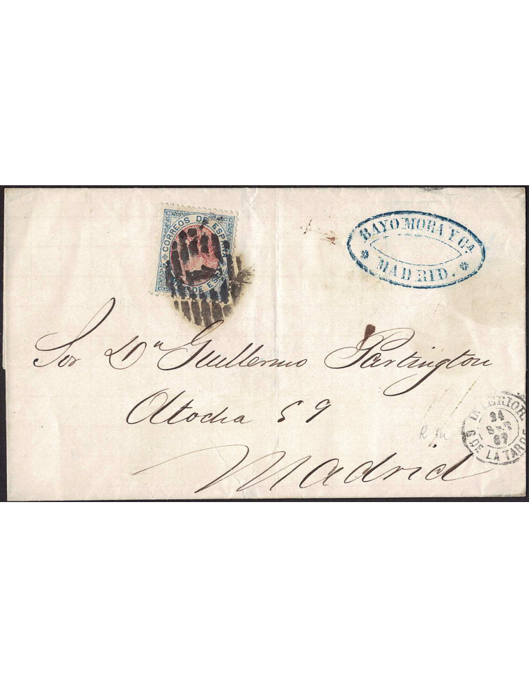 1867 (24 SET) Madrid, correo interior. 25 mils. azul y rosa mat. PC”1” en negro de Madrid. En el frente el fechador “INTERIOR / 