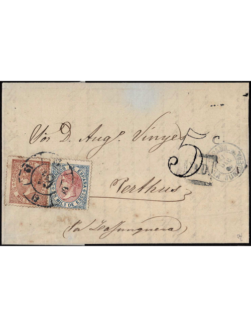 1868 (31 DIC) Agullana a Le Perthus (Francia). 25 mils. azul y rosa y 50 mils. castaño. Mat. RC”61” y en el frente fechador fron