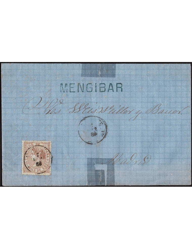 1868 (9 FEB) Linares a Madrid. mils. castaño mat. fechador ambulante Andalucía ilegible y en el frente marca “MENGIBAR” lineal e