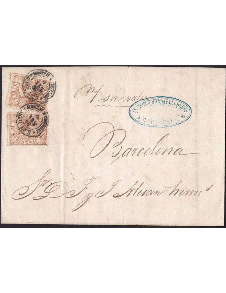 1868 (10 FEB) Cartagena a Barcelona. mils. castaño, dos ejemplares mat. fechador ambulante “AMBTE. DESCTE/ 9 FEB 68 / ALBACETE A
