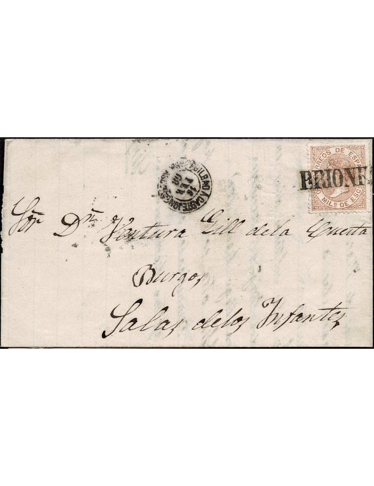 1868 (16 FEB) Briones a Salas de los Infantes. mils. castaño mat. lineal de la estación de “BRIONES”, perfectamente estampado. E