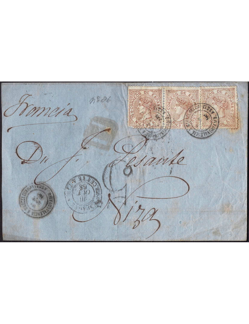 1868 (28 OCT) a Niza (Francia) 50 mils. castaño, tira horizontal de tres mat. fechador ambulante “VALENCIA A BARCELONA (1A) / 1 