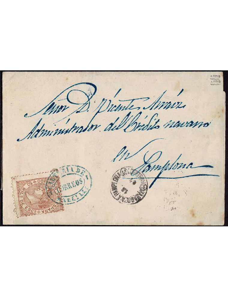 1868 (16 NOV) Marcilla a Pamplona. mils. castaño mat. cartería de Marcilla ovalada en azul. En el frente el fechador del ambulan