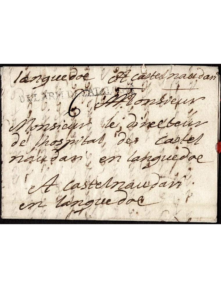 1719 (9 NOV) “Camp devant Roses” (Girona) a Castelnaudan. Marca “DEL ARM. DE CATALOGNE” (III-3) en negro correspondiente al perí