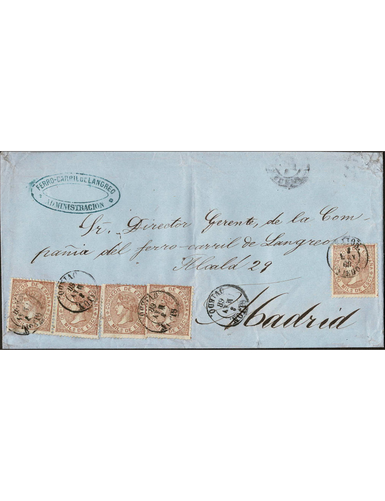 1868 (3 MAY) Gijón a Madrid. mils. castaño 5 ejemplares mat. fechador que se repite en el frente. En el frente la marca administ