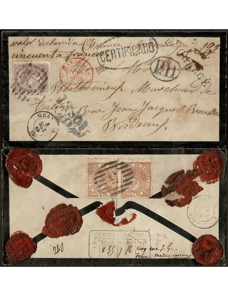 1868 (8 SET) Granada a Burdeos. Anverso y reverso de un sobre de una carta de VALORES DECLARADO…