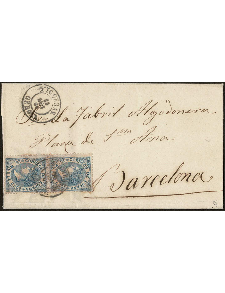 1869 (22 SET) Figueras a Barcelona. 25 mils. azul, dos ejemplares mat. fechador en negro que se repite en el frente. Franqueo se