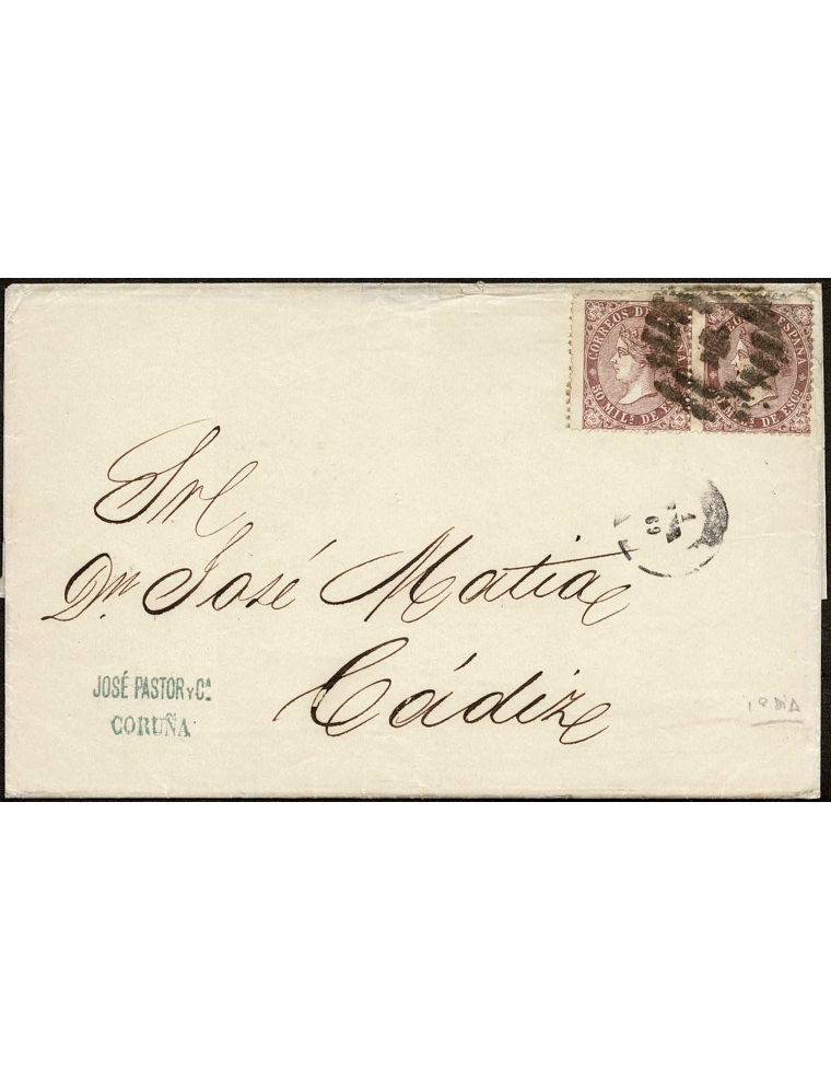 1869 (1 ENE) Coruña a Cádiz. mils. violeta, pareja horizontal mat. PC”4” y en el frente fec hador en negro de Coruña. Primer día