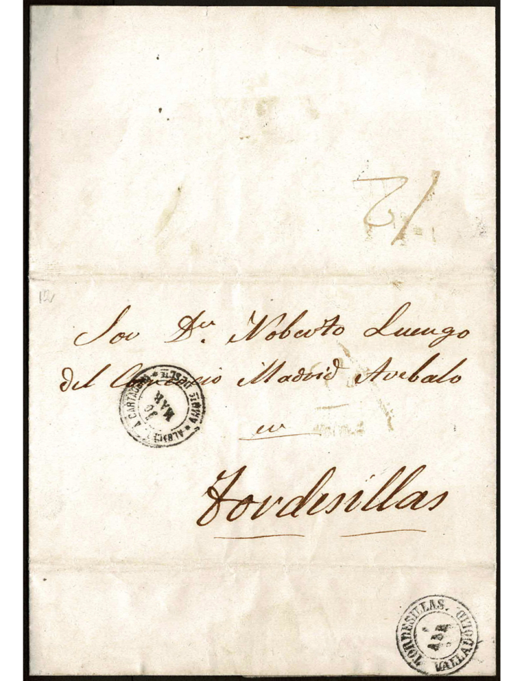 1869 (30 MAR) Blanca a Tordesillas. Sobrescrito sin sello de la población de Blanca (Murcia) en la línea de Albacete a Cartagena