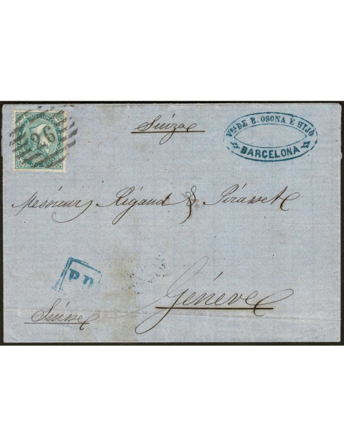 1869 (11 AGO) Barcelona a Ginebra. mils. verde mat. PC”26” en negro de Girona. En el frente “P.D.” recuadrado en azul de La Junq