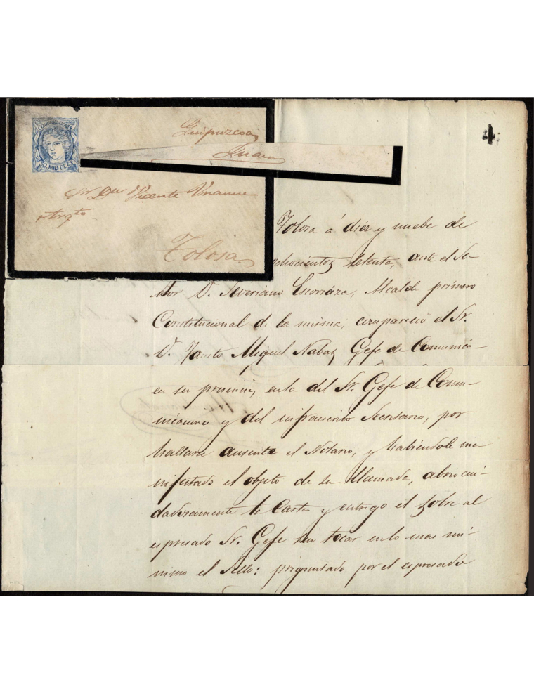 1870 (9 MAY) a Tolosa. Sobre de carta franqueado con un sello dibujado a mano del valor 50 mils. de la emisión de 1 de enero de