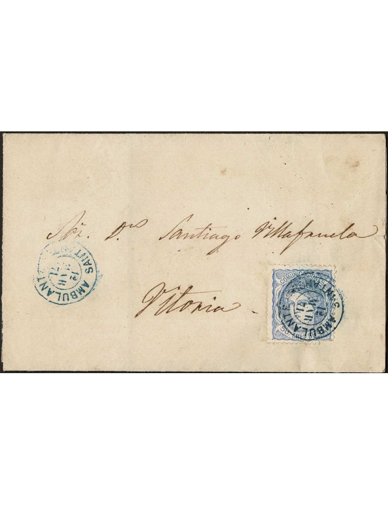 1871 (12 MAR) a Vitoria. mils. ultramar mat. fechador ambulante, “AMBULANTE / 12 MAR 71 / SANTANDER” en color azul intenso, que 