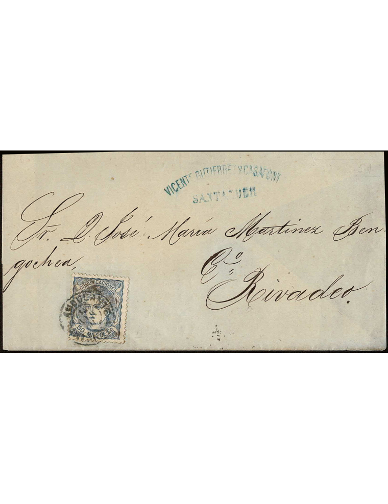 1871 (10 MAY) a Ribadeo. mils. ultramar mat. fechador ambulante “AMBULANTE / 10 MAY 71 / SANTANDER”. Bonita envuelta.