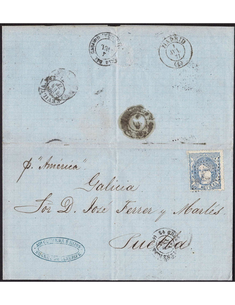 1871 (22 JUN) Santa Cruz de Tenerife a Puebla. mils. ultramar mat RP. En el frente fechador de Santa Cruz de Tenerife y mns. “p.
