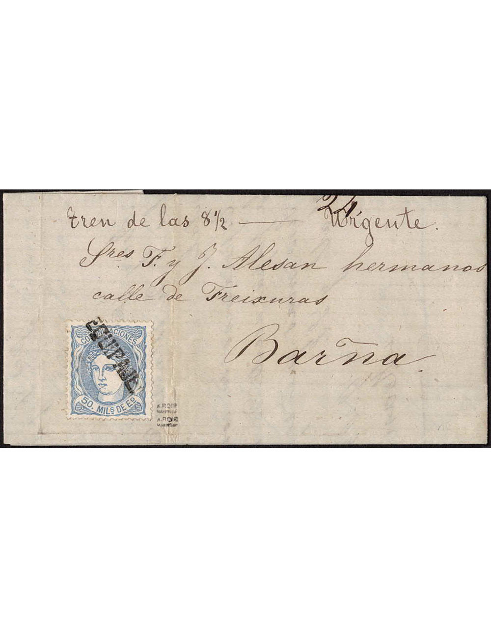1871 (24 JUL) Granollers a Barcelona. mils. ultramar mat. marca “EQUIPAJE” lineal en negro de Granollers. mns. “Tren de las 8 1/