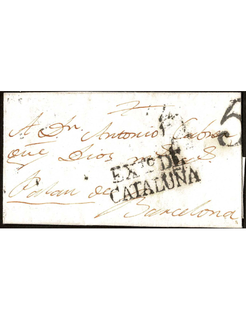 1795 (22 JUN) Santens a Barcelona. Marca “EXTO DE / CATALUÑA” en negro aceitoso. Porteo “B.5” cuartos en negro de Barcelona.