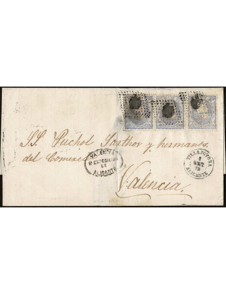1872 (1 SET) Villajoyosa a Valencia. mils. ultramar, tres ejemplares mat. rombo de puntos lleno (Tort 351). En el frente el fech