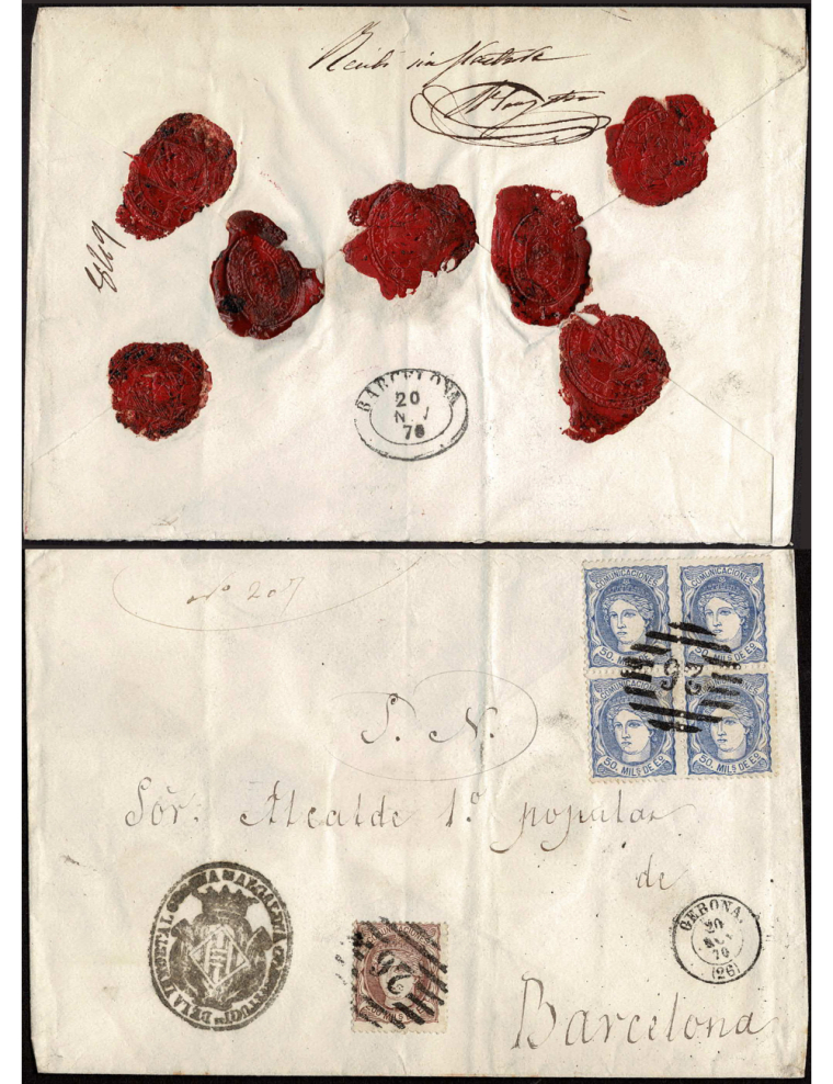 1870 (20 NOV) Girona a Barcelona. Sobre de carta certificada de cuatro portes con cuatro sellos de 50 mils. y uno de derechos de