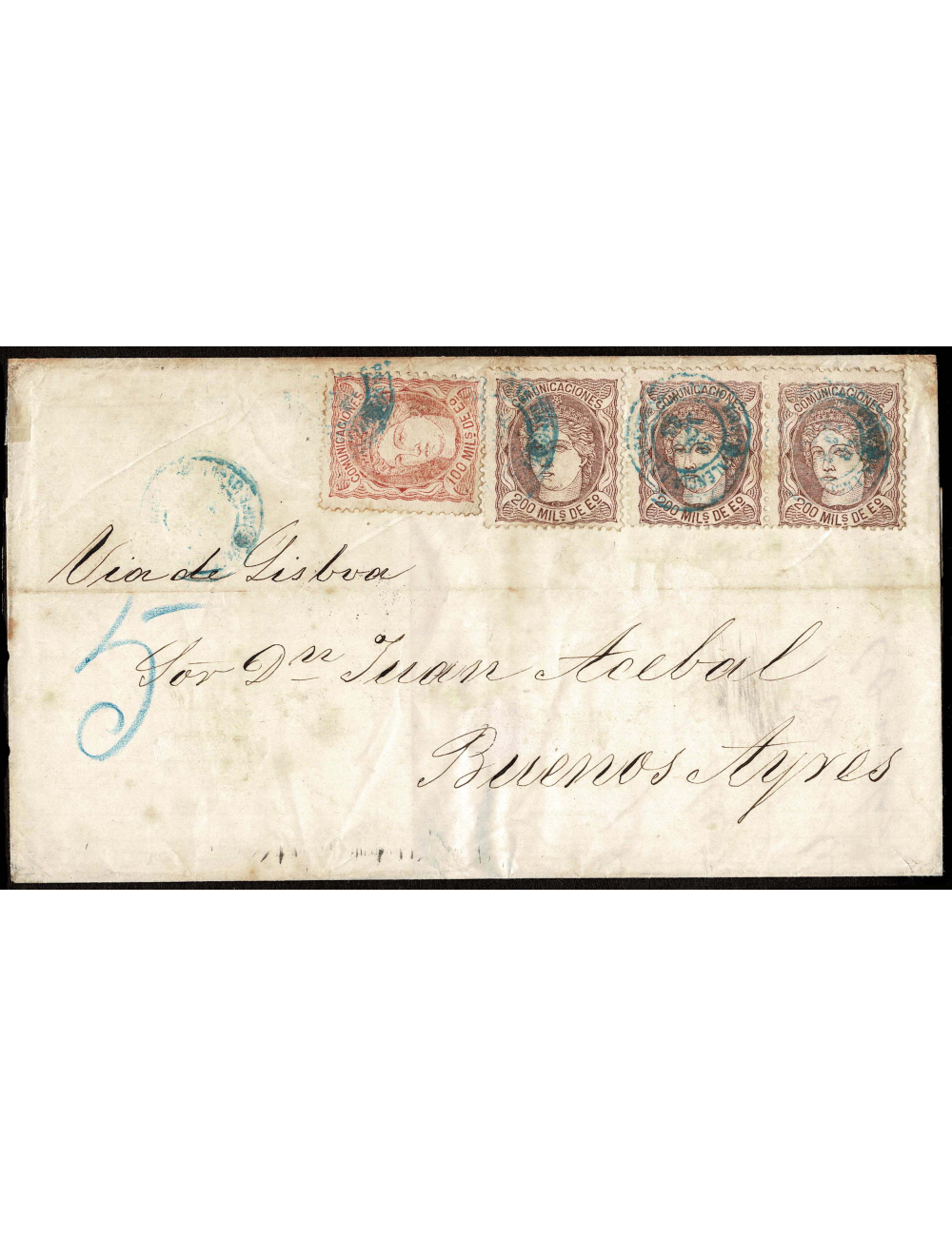 1870 (7 ENE) Barcelona (¿?) a Buenos Aires. mils. rosa y 200 mils. castaño, tres ejemplares mat. fechador ambulante “VALENCIA A 