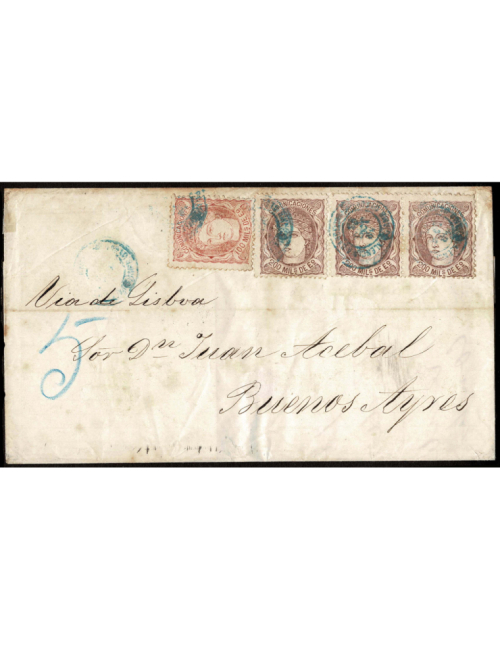 1870 (7 ENE) Barcelona (¿?) a Buenos Aires. mils. rosa y 200 mils. castaño, tres ejemplares mat. fechador ambulante “VALENCIA A 