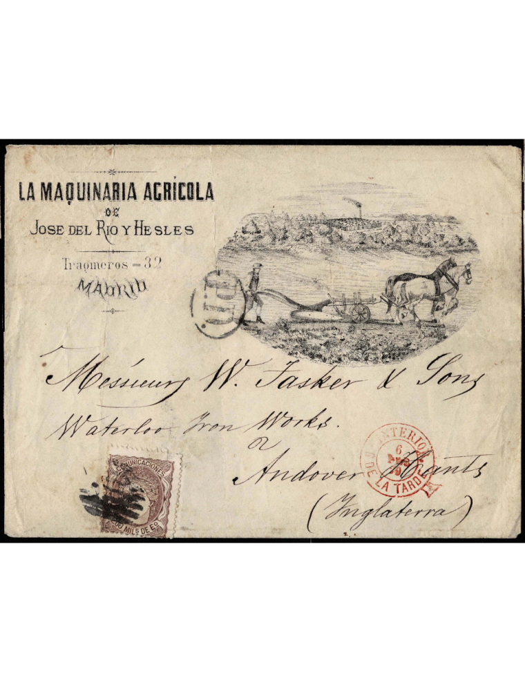 1870 (6 FEB) Madrid a Andover (GB). SCM ilustrado de propaganda de una empresa agrícola que representa a un hombre arando y al f