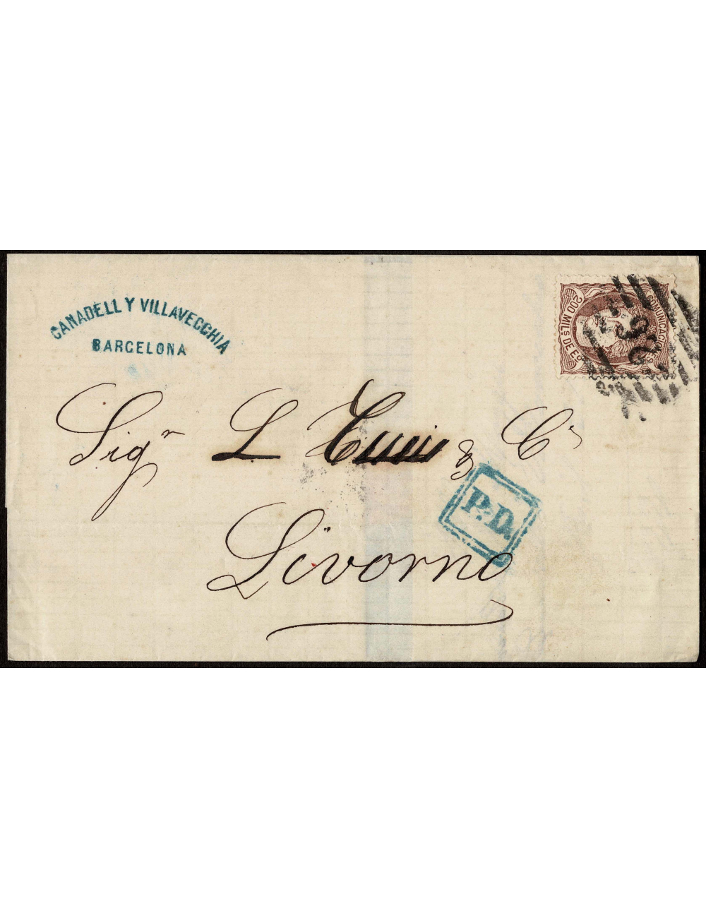 1870 (28 MAY) Barcelona a Livorno. mils. castaño mat. PC”26” en negro de Girona. En el frente “P.D.” recuadrado en azul de La Ju