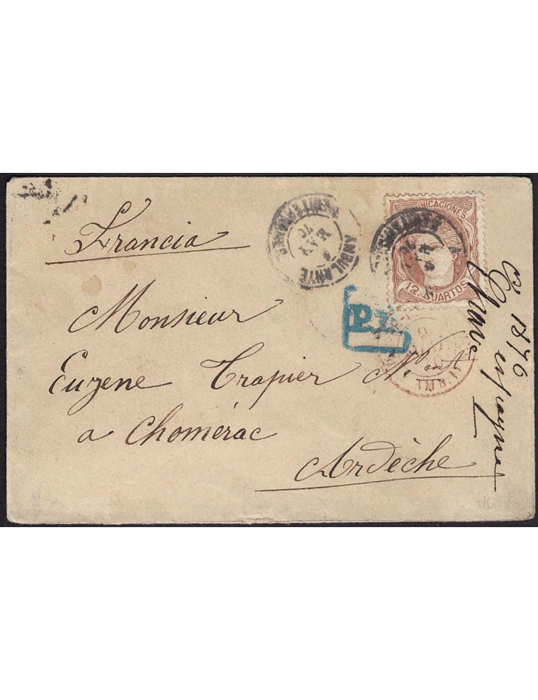 1870 (6 MAY) a Ardeche (Francia). 12 cuartos castaño mat. fechador ambulante “AMBULANTE / 7 MAY 70 / Mediterráneo”, que se repit