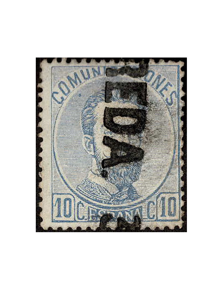 1871 Sello de 10 cts. azul de la emisión de Amadeo con la marca lineal de estación “BREDA 39”. Solo dos piezas conocidas. Cert. 