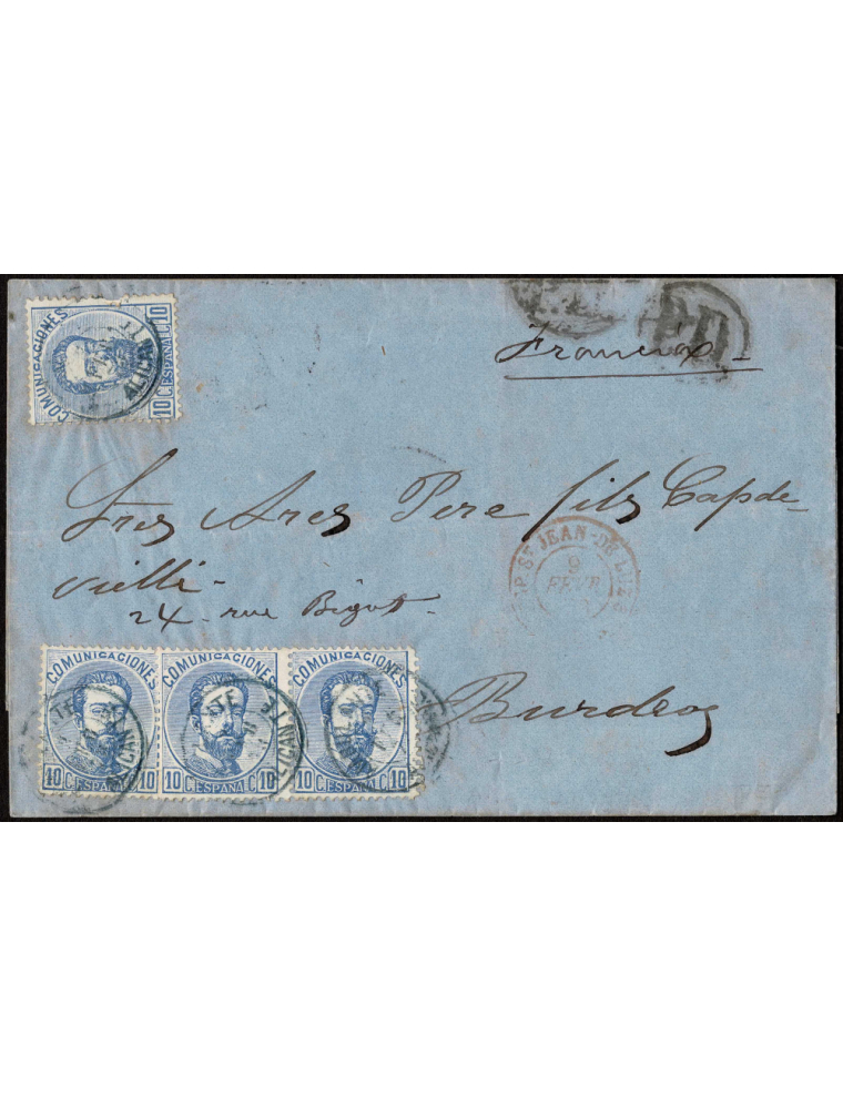 1873 (6 FEB) ¿Alicante? a Burdeos (Francia). 10 cts. azul, cuatro ejemplares mat. fechador ambulante “AMBULANTE / 6 FEB 72 / ALI