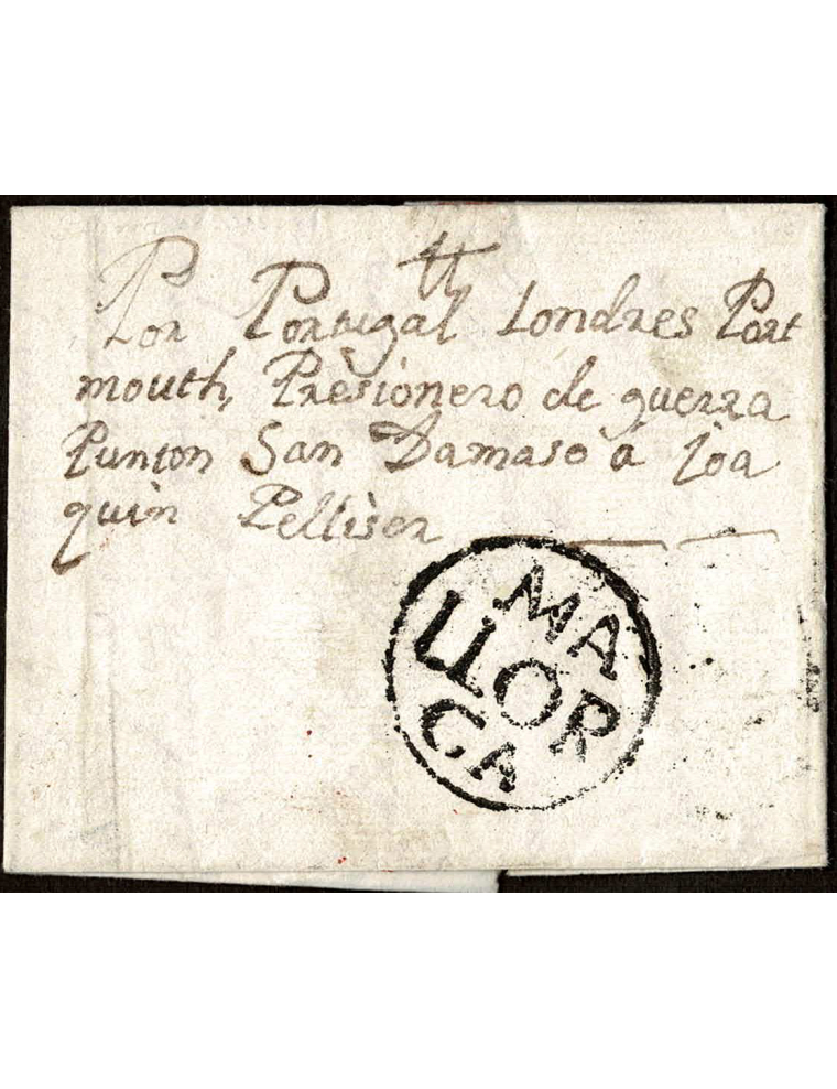 1808 (5 FEB) Palma de Mallorca a Portsmouth. Sobrescrito dirigido a un prisionero de guerra en el puerto inglés. En el frente ma