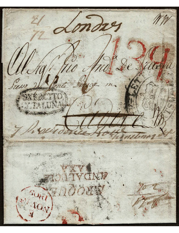 1809 (JUL) Génova (Italia) a Cádiz y reexpedida a Londres. Espectacular carta escrita en italiano y enviada inicialmente a Cádiz