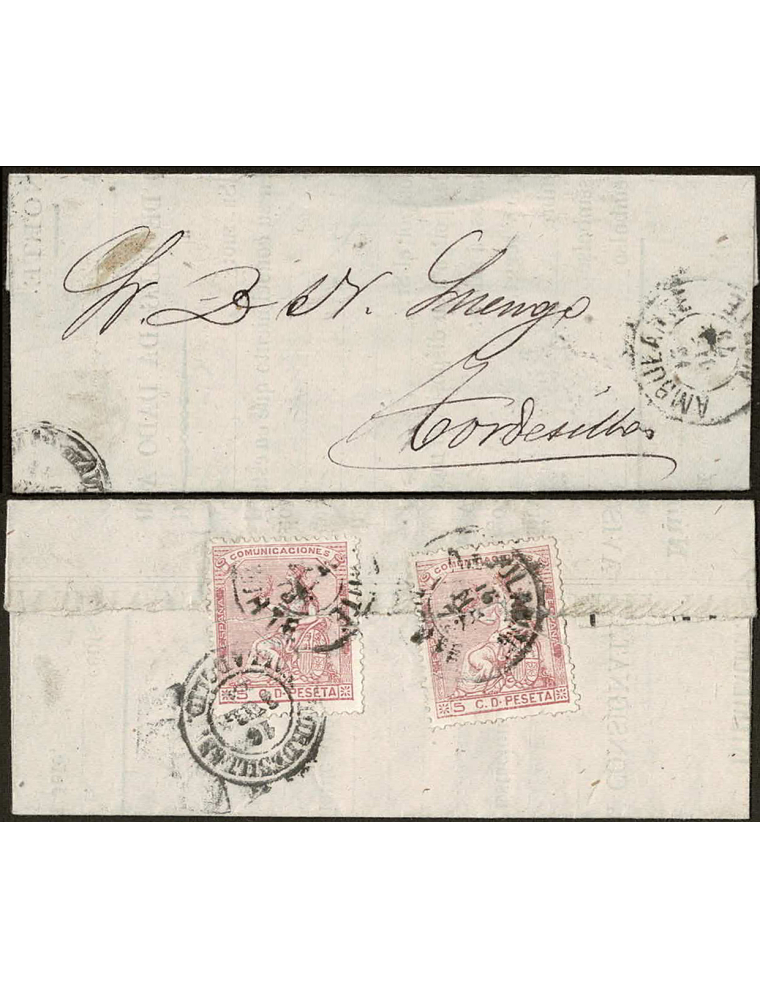 1873 (13 DIC) a Tordesillas. 5 cts. rosa, dos ejemplares mat. fechador “AMBULANTE / 13 DIC 73 / NORTE” y llegada. Sellos al dors