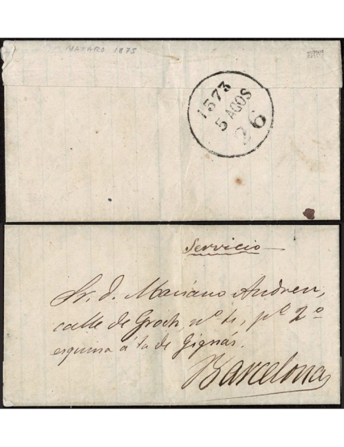 1873 (5 AGO) Mataró a Barcelona. Carta sin franquear, dado que corresponde al servicio del Ferrocarril, tal como se señala en el